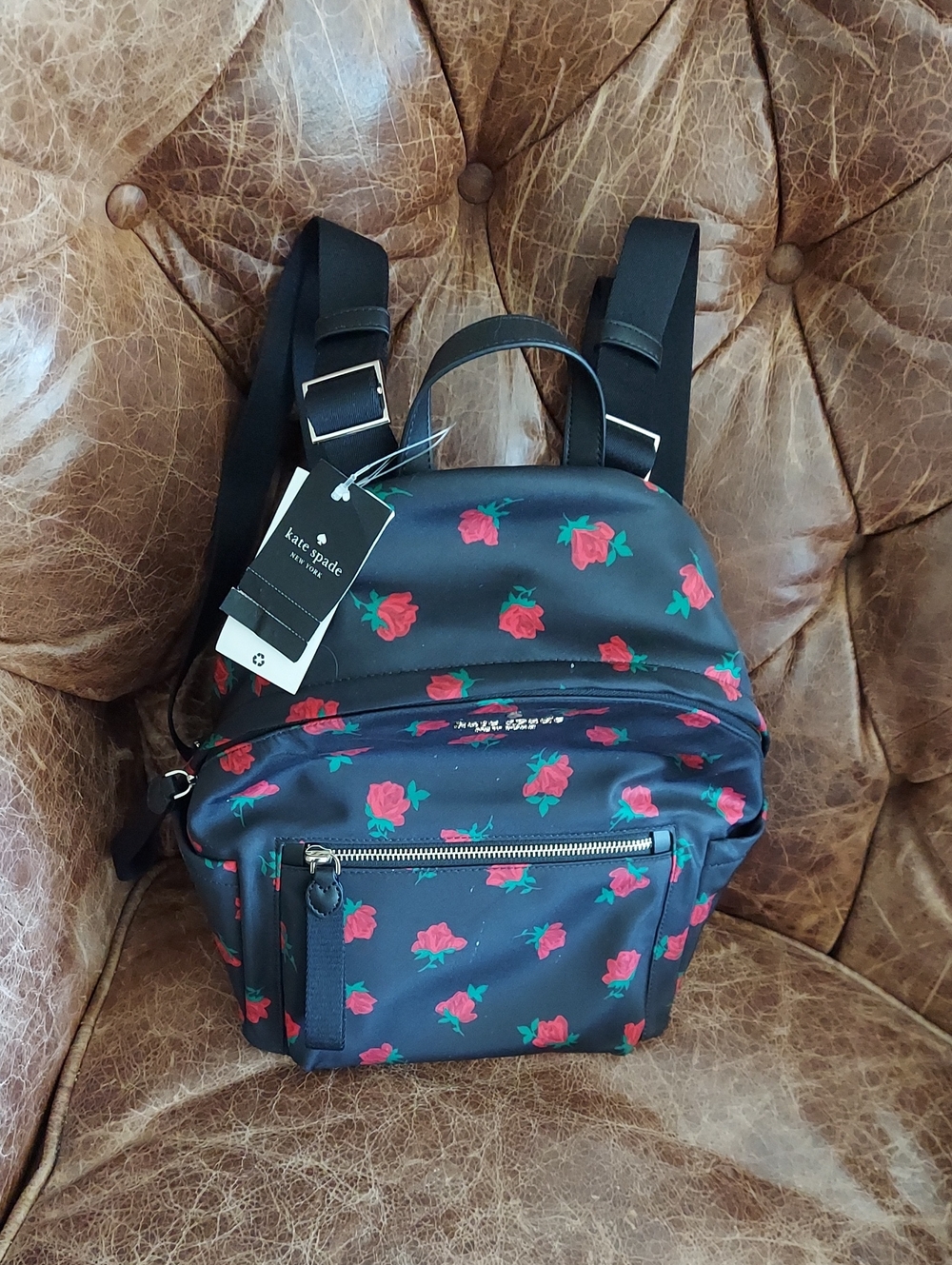 kate spade printed rose mini backpack - black with red roses